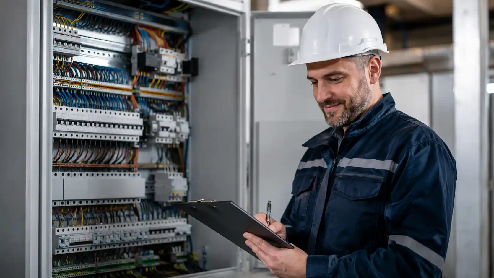 Electrical engineer recording inspection findings