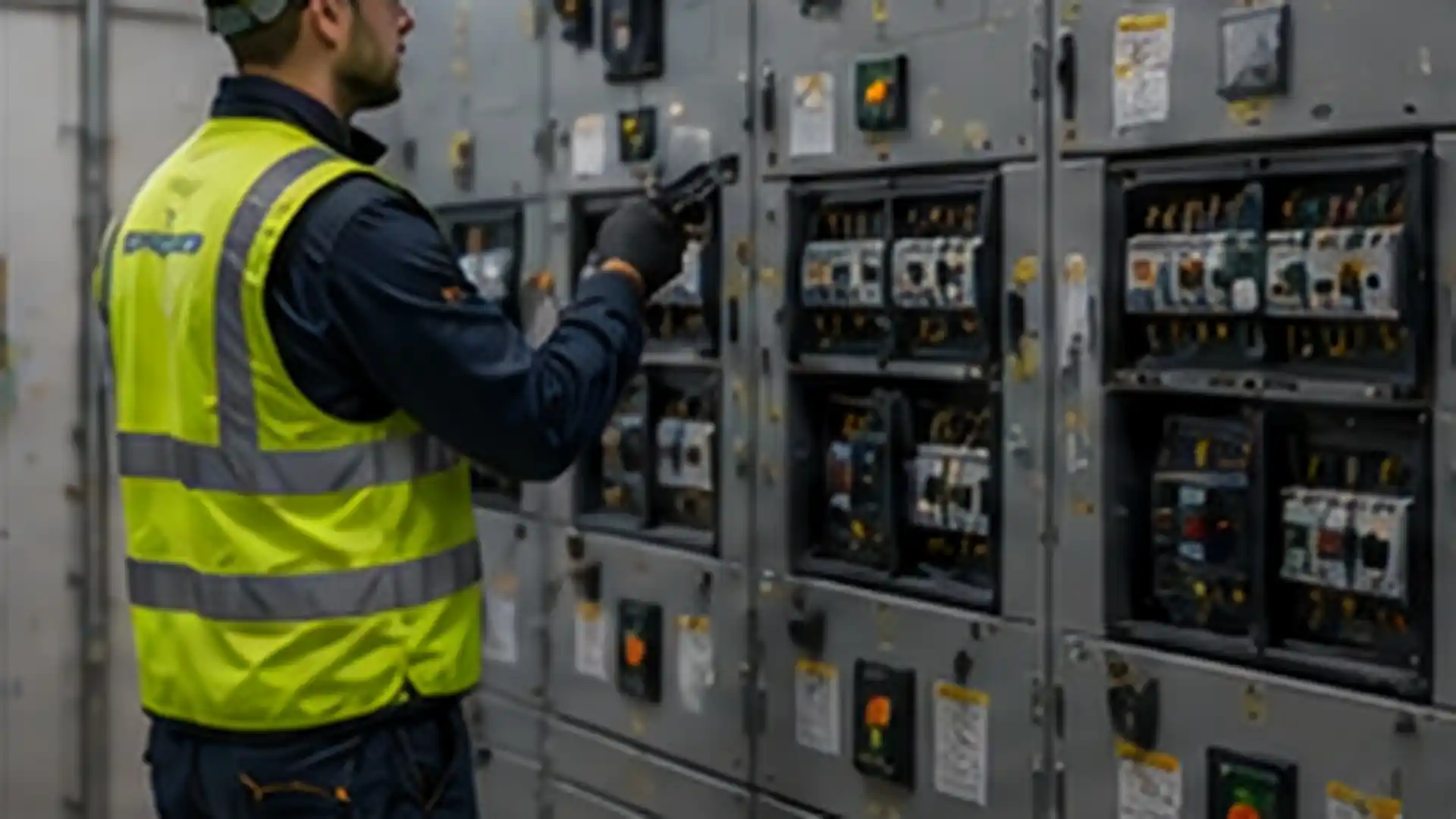 Engineer inspecting industrial switchgear