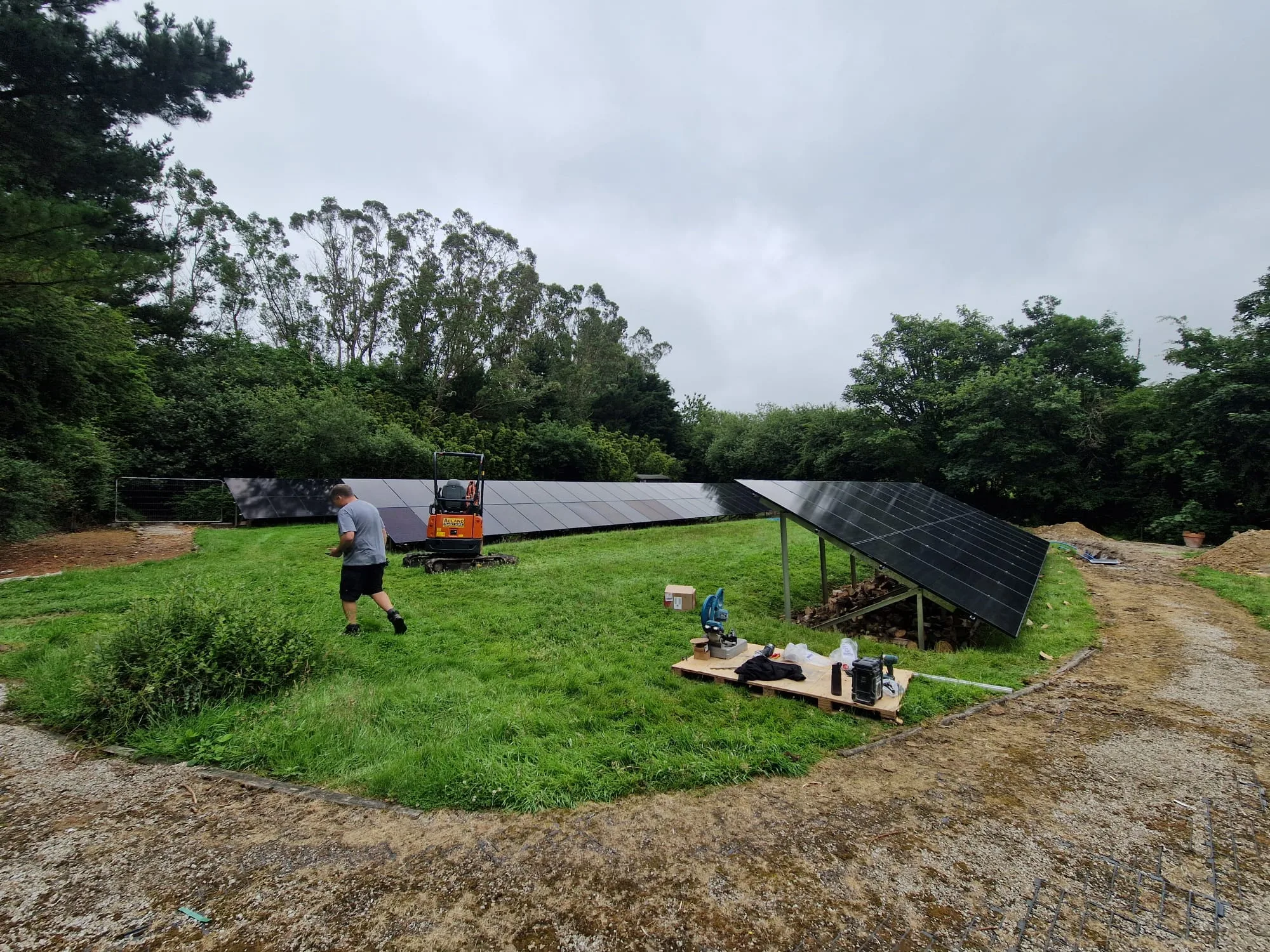 Two rows of ground-mounted solar panels in a grassy area, with a worker, compact machine, tools and gravel track visible.