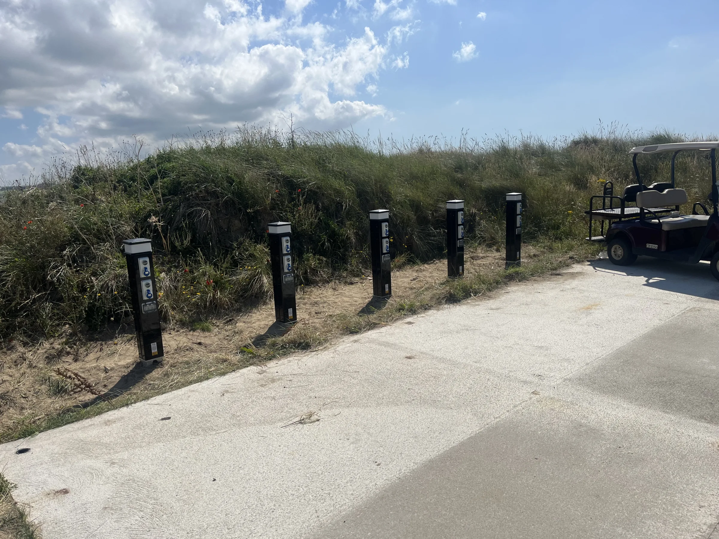 Five black socket posts with pale caps stand beside a paved area, backed by tall vegetation, with part of a golf buggy visible on the right.