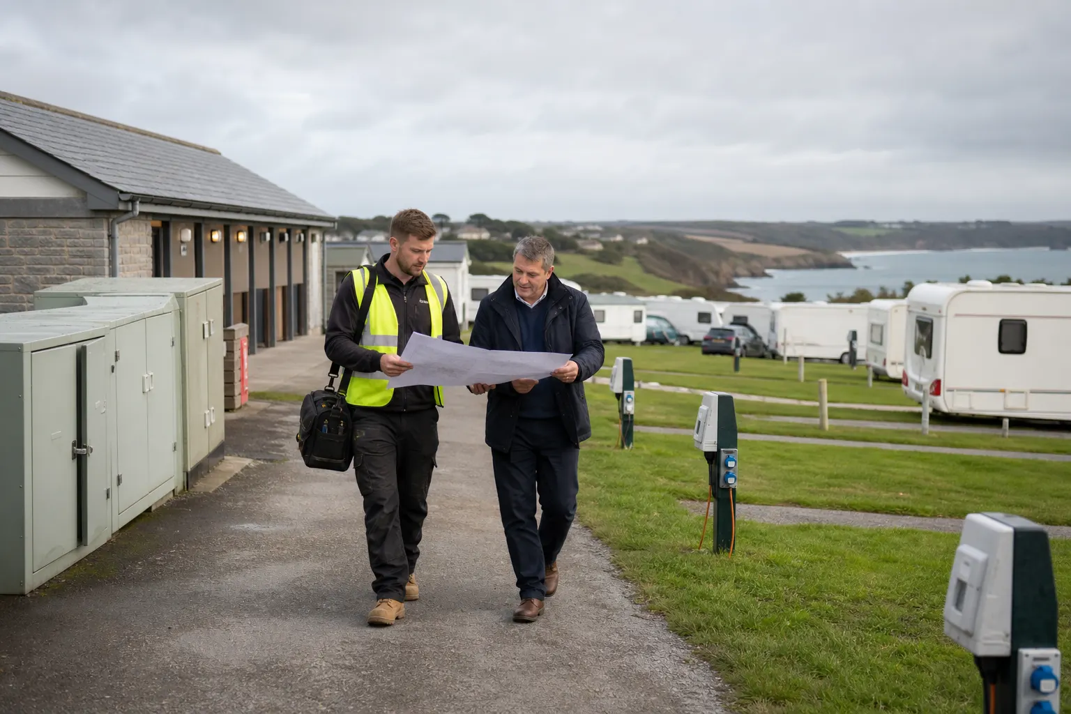 Two men walk along a caravan site path while holding and reading a large paper plan.