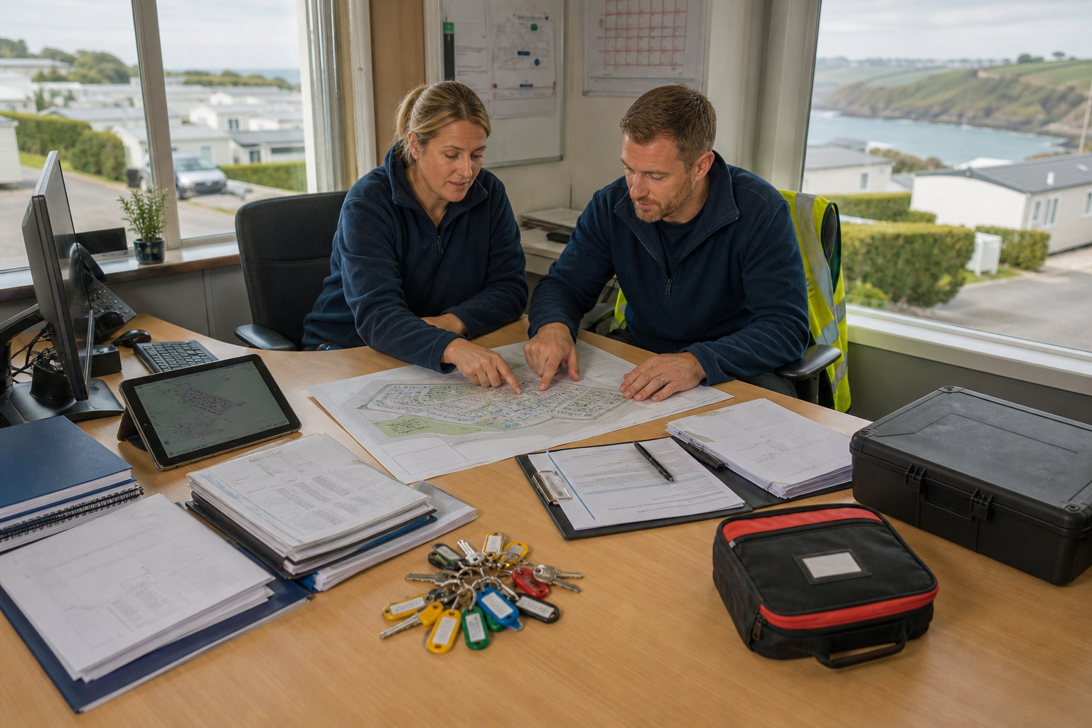 Two people seated at a desk point to a large printed site plan surrounded by folders, paperwork, keys and equipment cases.