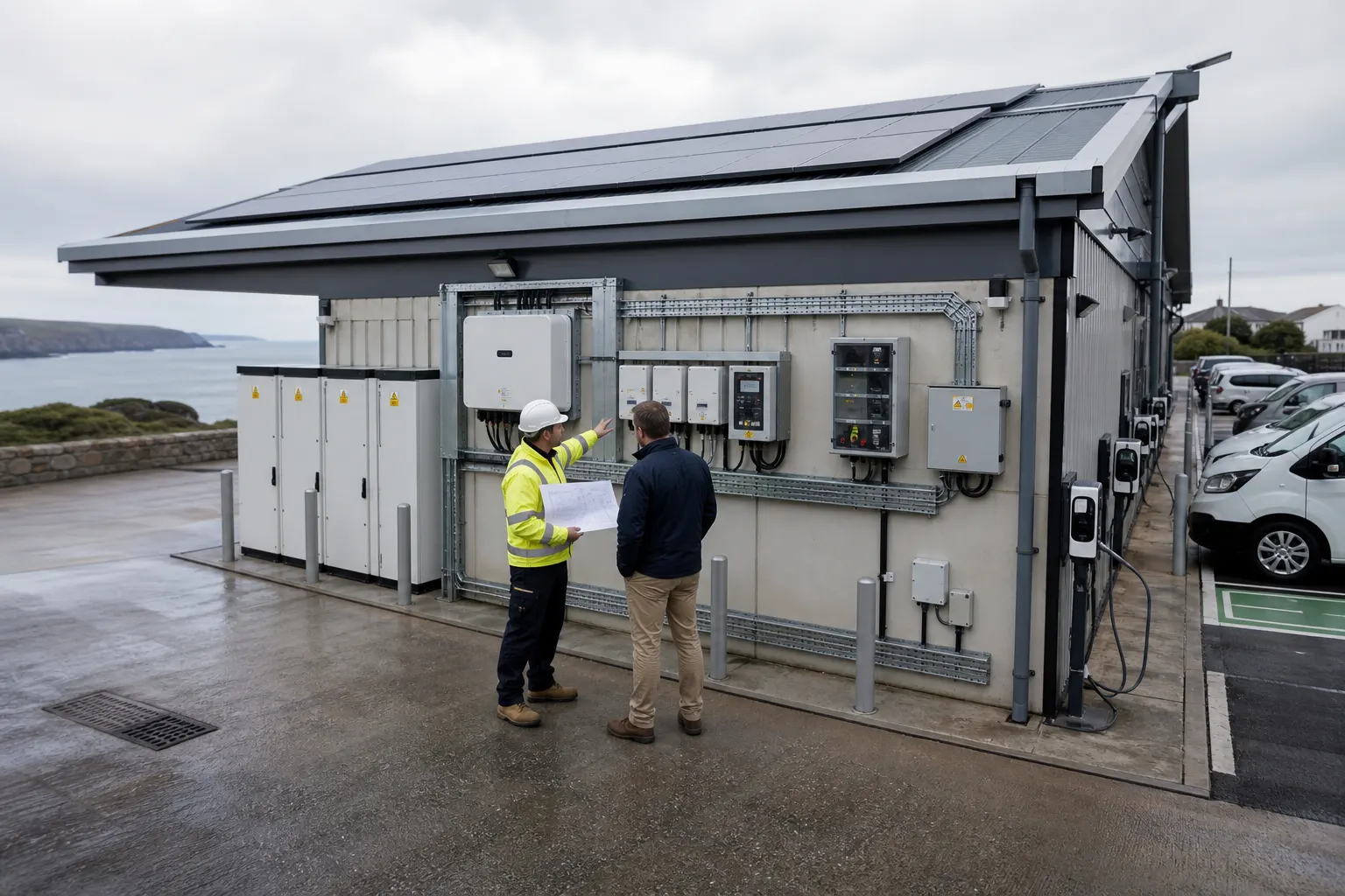 Two people standing beside external electrical cabinets and control equipment mounted on a small grey building with solar panels on the roof.