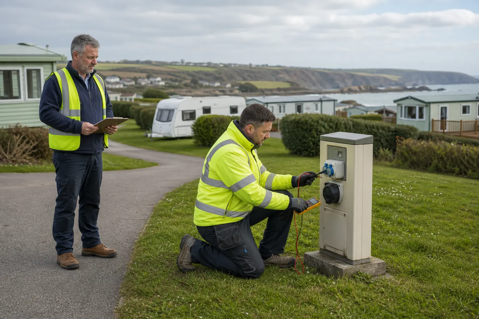 One electrician kneels beside an open electrical hook-up pedestal with test leads while another stands nearby holding a tablet.