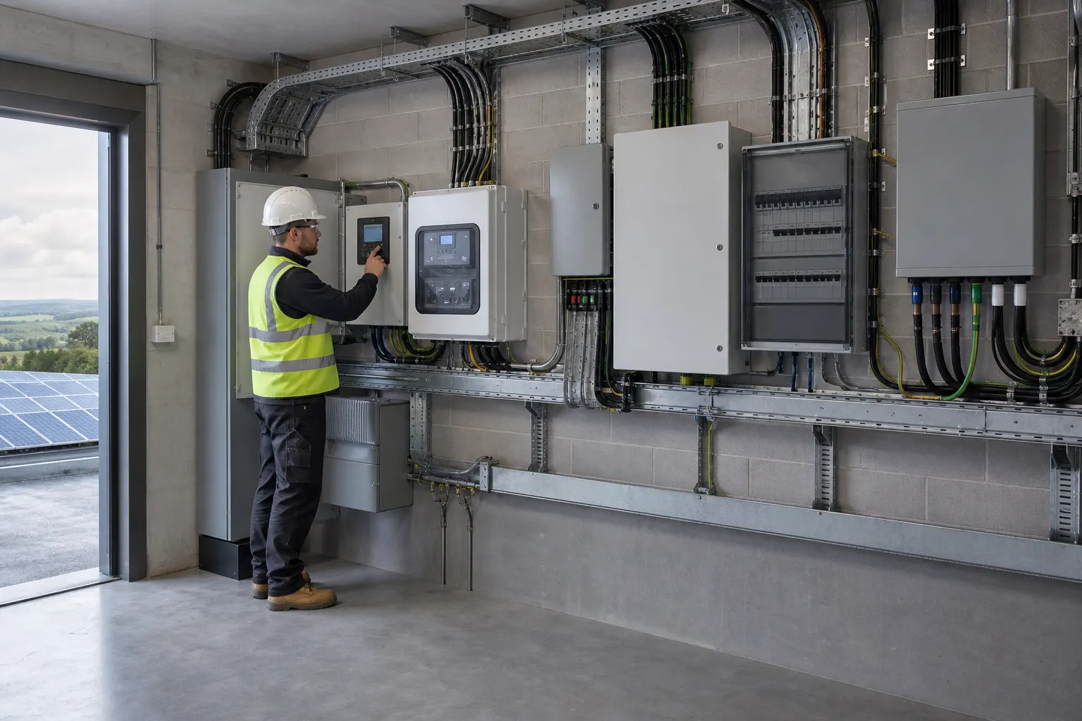 Worker wearing a hard hat and high-visibility vest using a screen on wall-mounted industrial electrical equipment, with cables and containment running above and below.