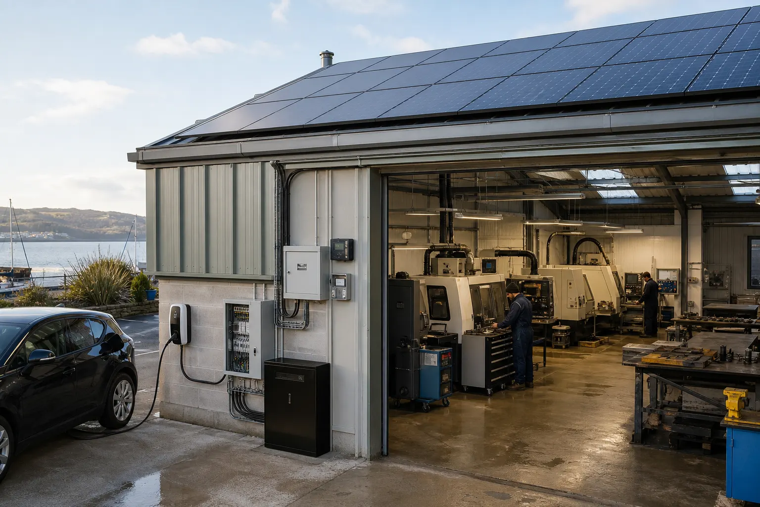 Open industrial workshop with solar panels covering the roof, electrical equipment mounted beside the entrance and a car connected to a wall-mounted charging point.