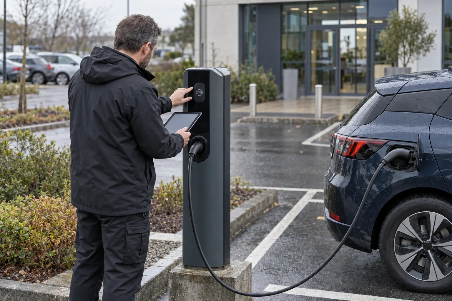 Who is responsible for public EV chargers at a Falmouth business?