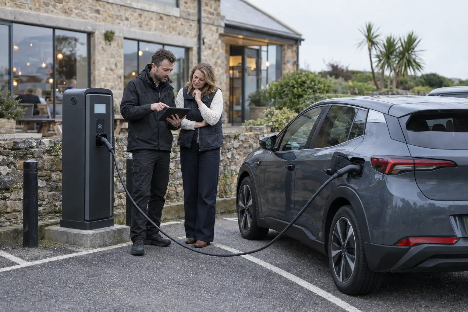 Who is responsible for public EV chargers at a Falmouth business?
