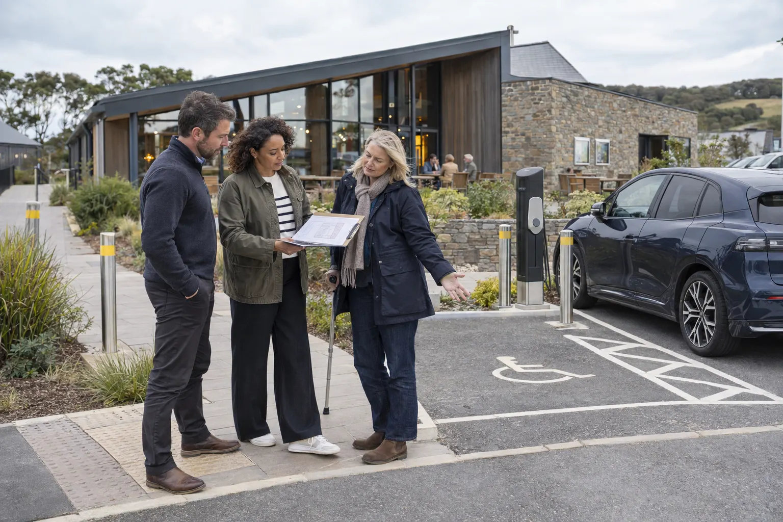 What should an accessible EV charging bay include at a Falmouth site?