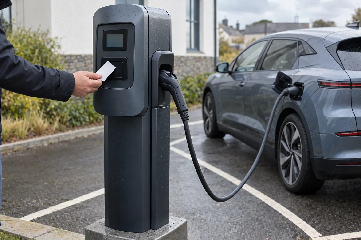 Who is responsible for public EV chargers at a Falmouth business?
