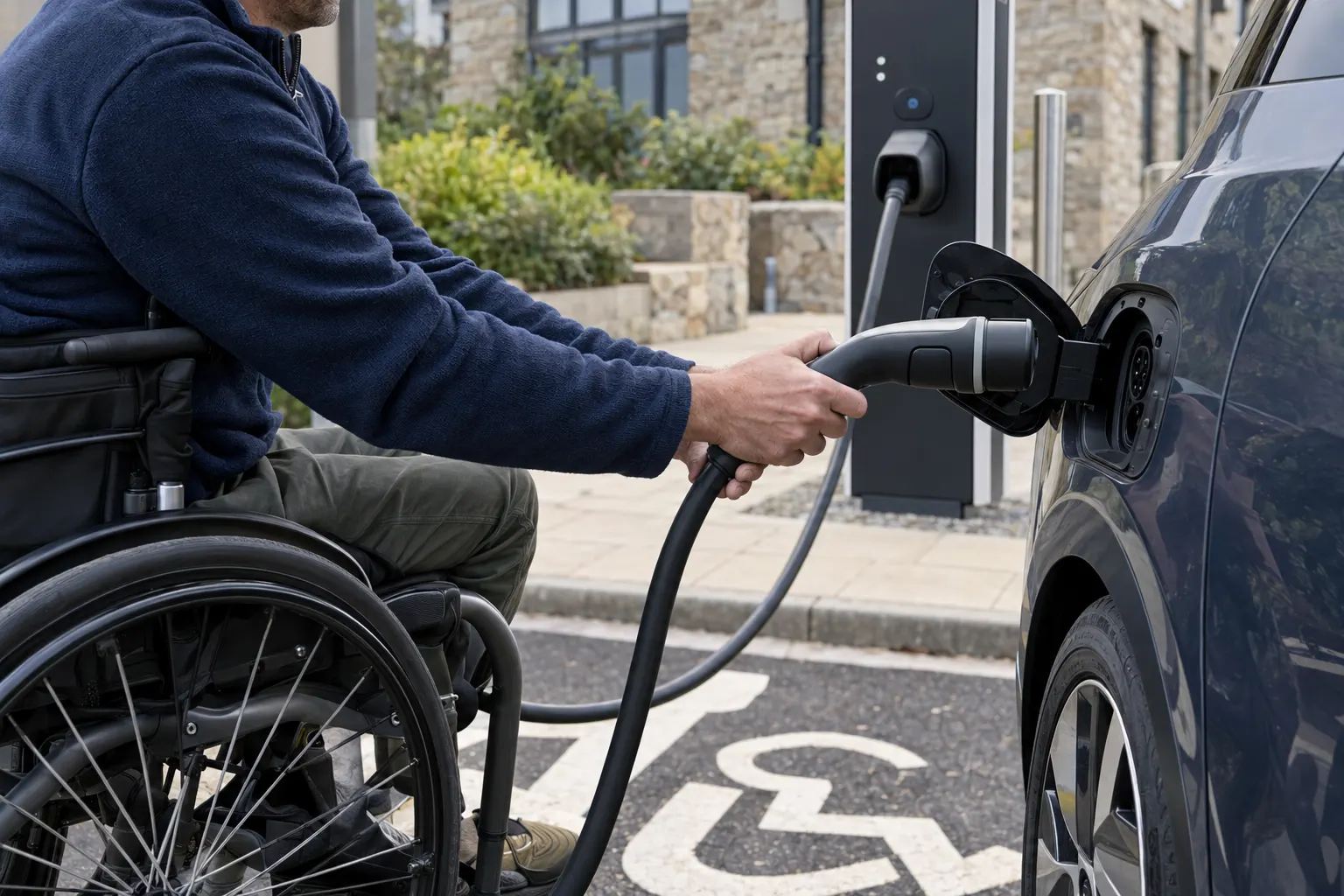 What should an accessible EV charging bay include at a Falmouth site?