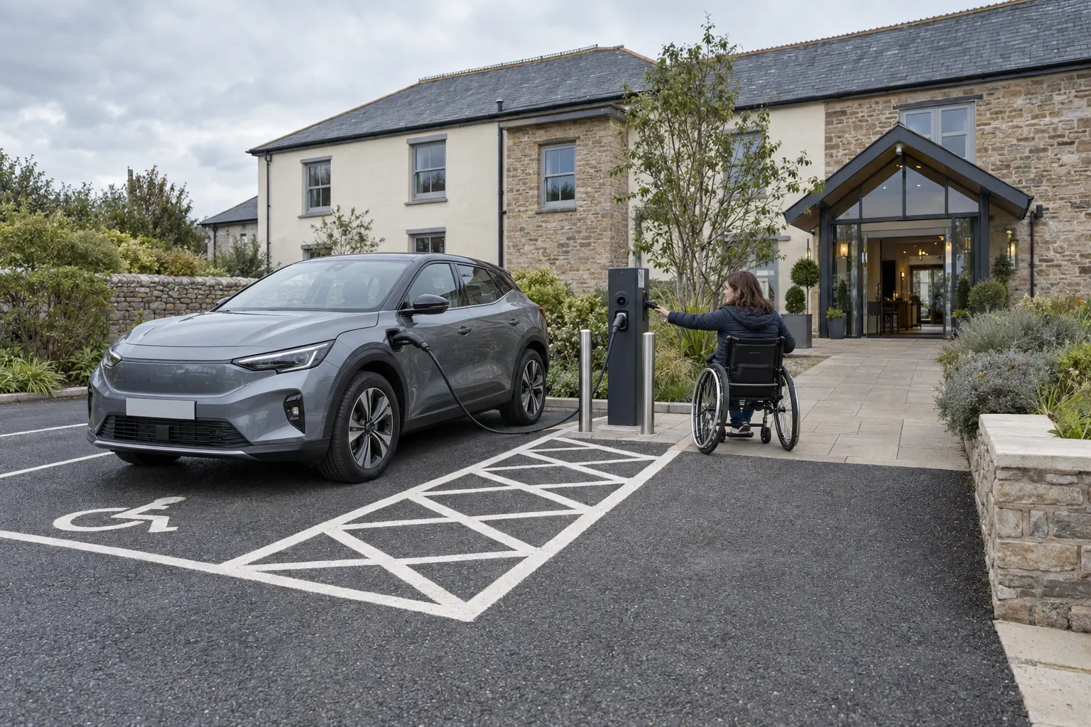 What should an accessible EV charging bay include at a Falmouth site?
