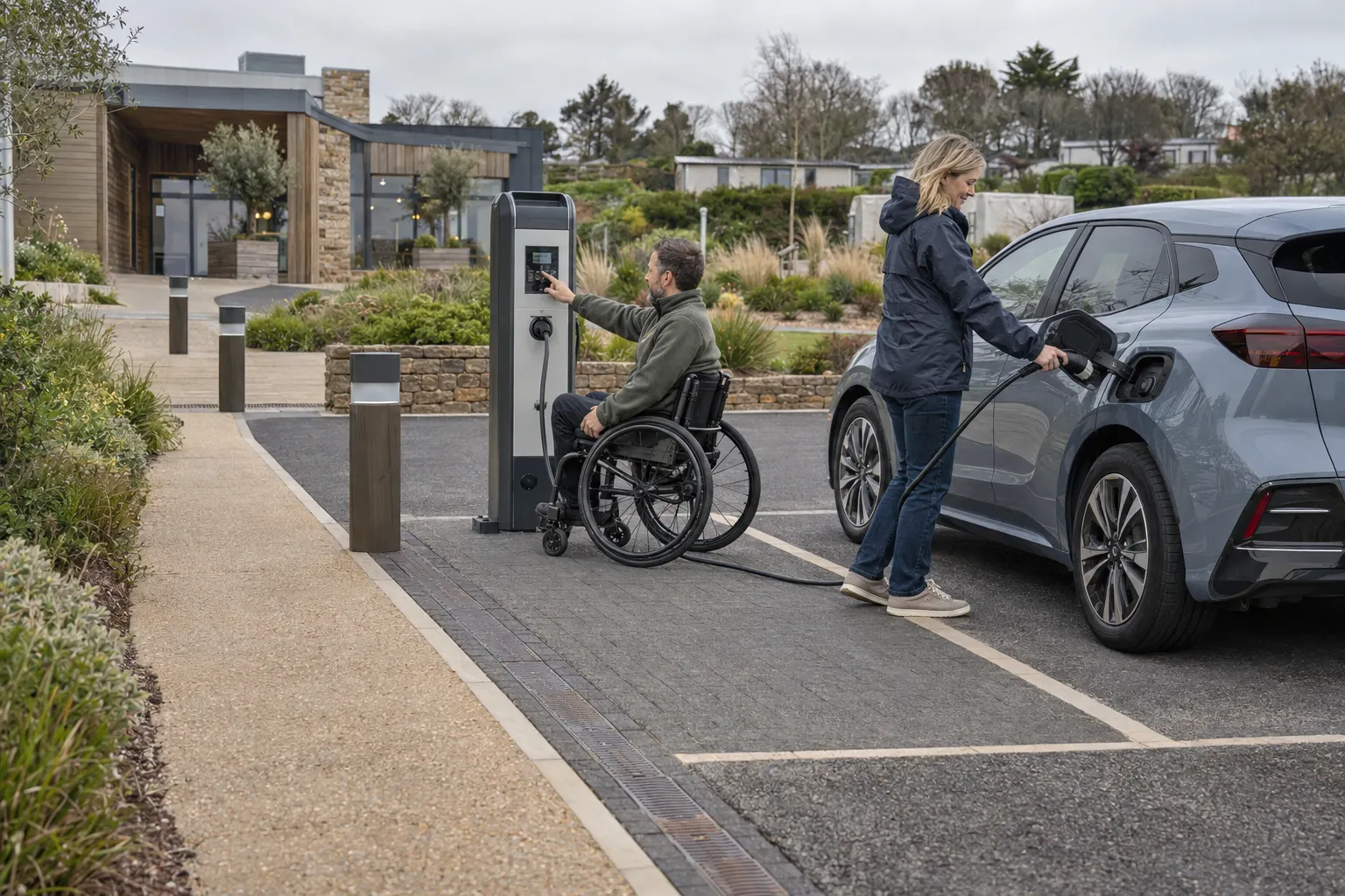 What should an accessible EV charging bay include at a Falmouth site?