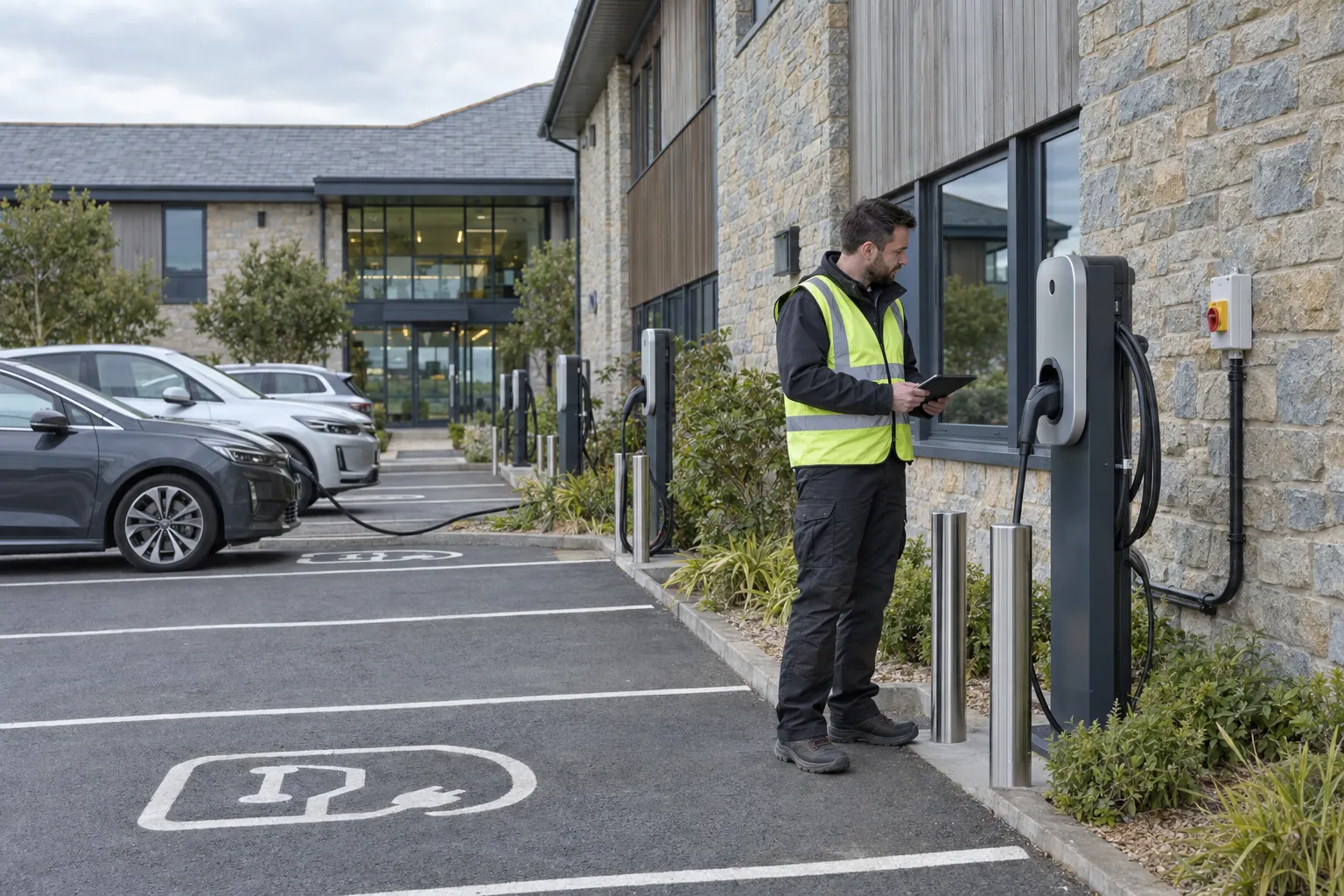 Who is responsible for public EV chargers at a Falmouth business?